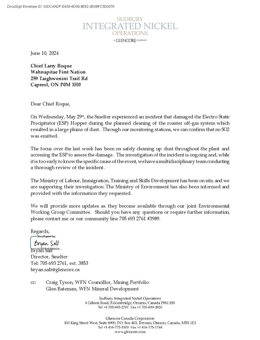 Glencore Smelter update on Dust Release Incident WFN 10June2024 Page 1